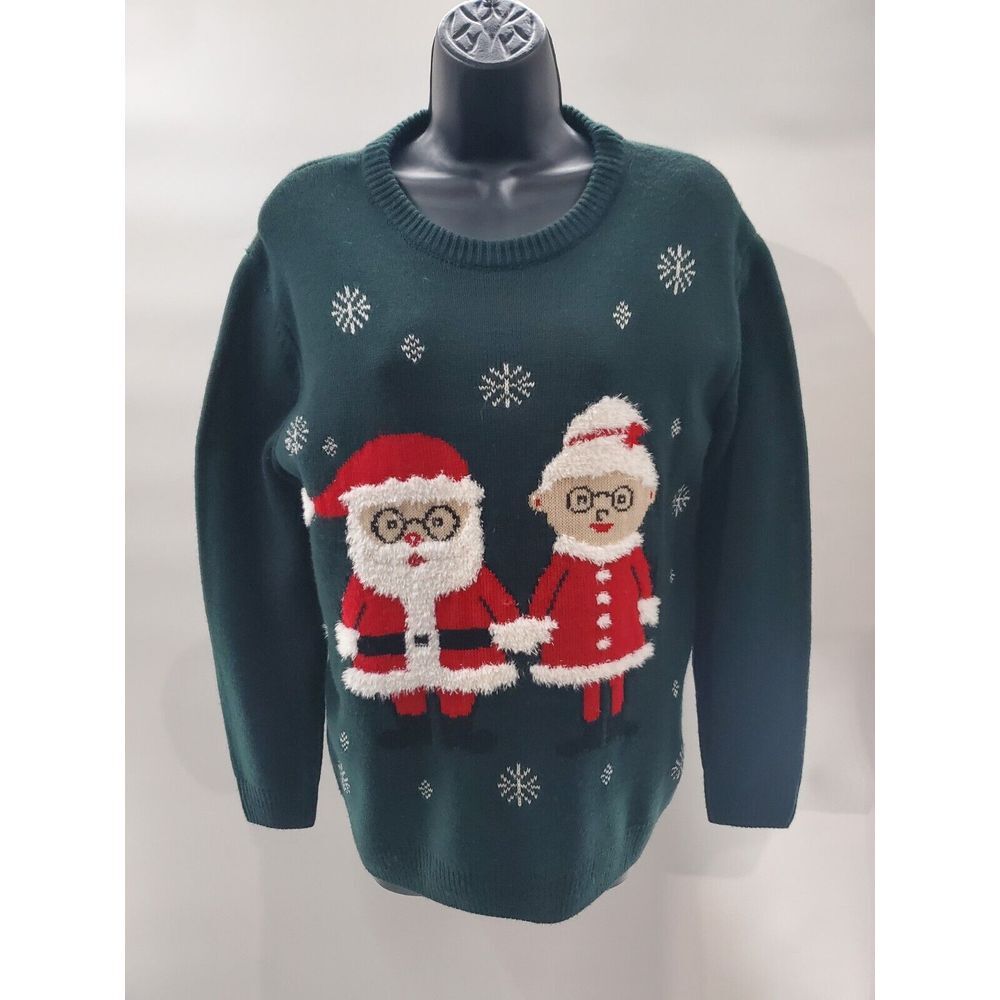 Forever 21 Christmas Sweater Women's Medium Dark Green Santa Claus & Mrs. Claus